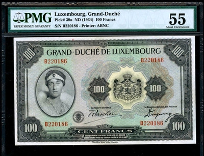 【Blue Auction】世界纸币精拍第111期——圣书 （共80拍） - 【初版早期】卢森堡 1934年100法郎 女大公夏洛特 PMG55 美钞公司大票幅精美 无47