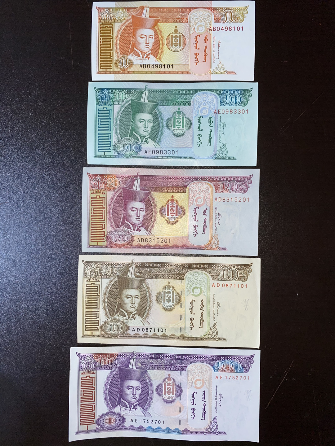 票证专拍～外钞，各地粮票油票，金融票等 蒙古纸币五种面值不同尾号两同号