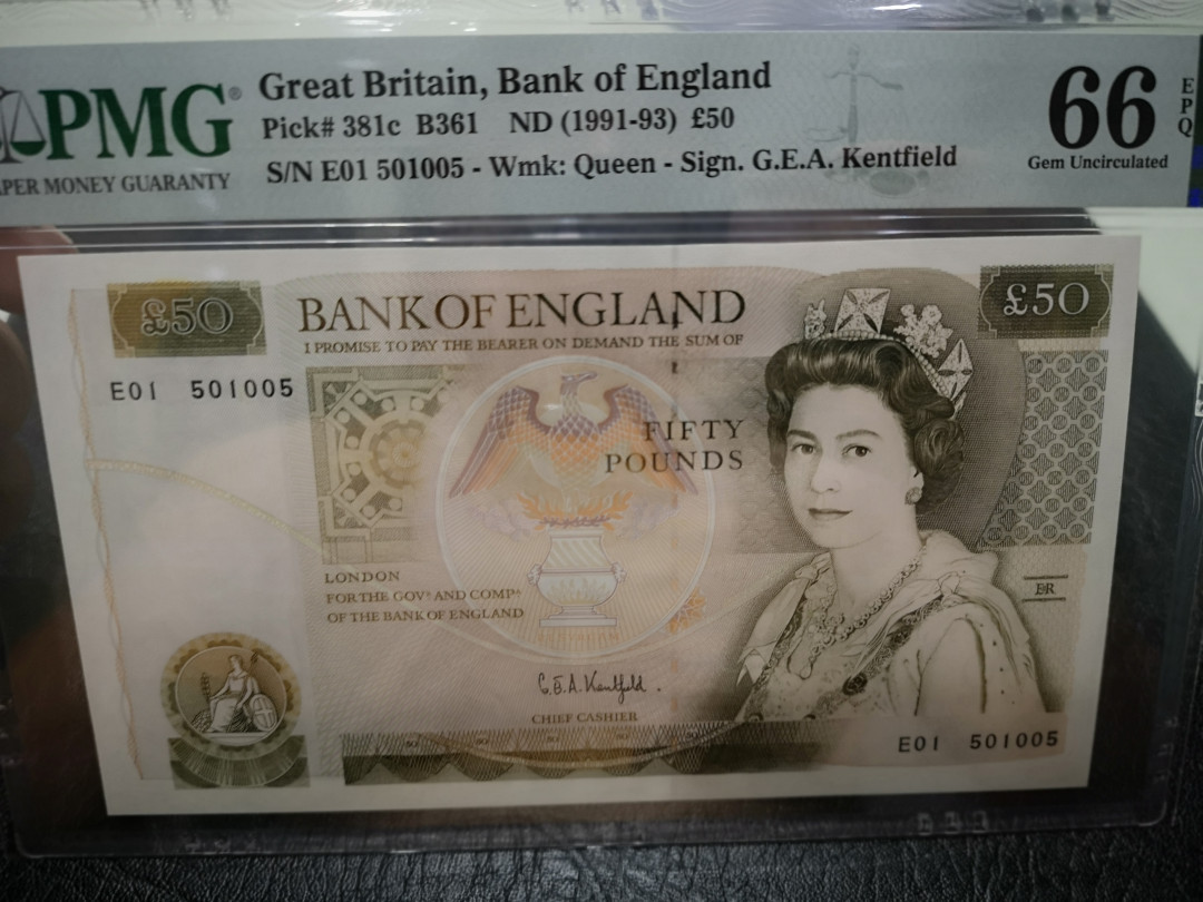 《外钞收藏家》第一百二十期拍卖 1991-93年英国D50镑 PMG66 E01冠 靓号