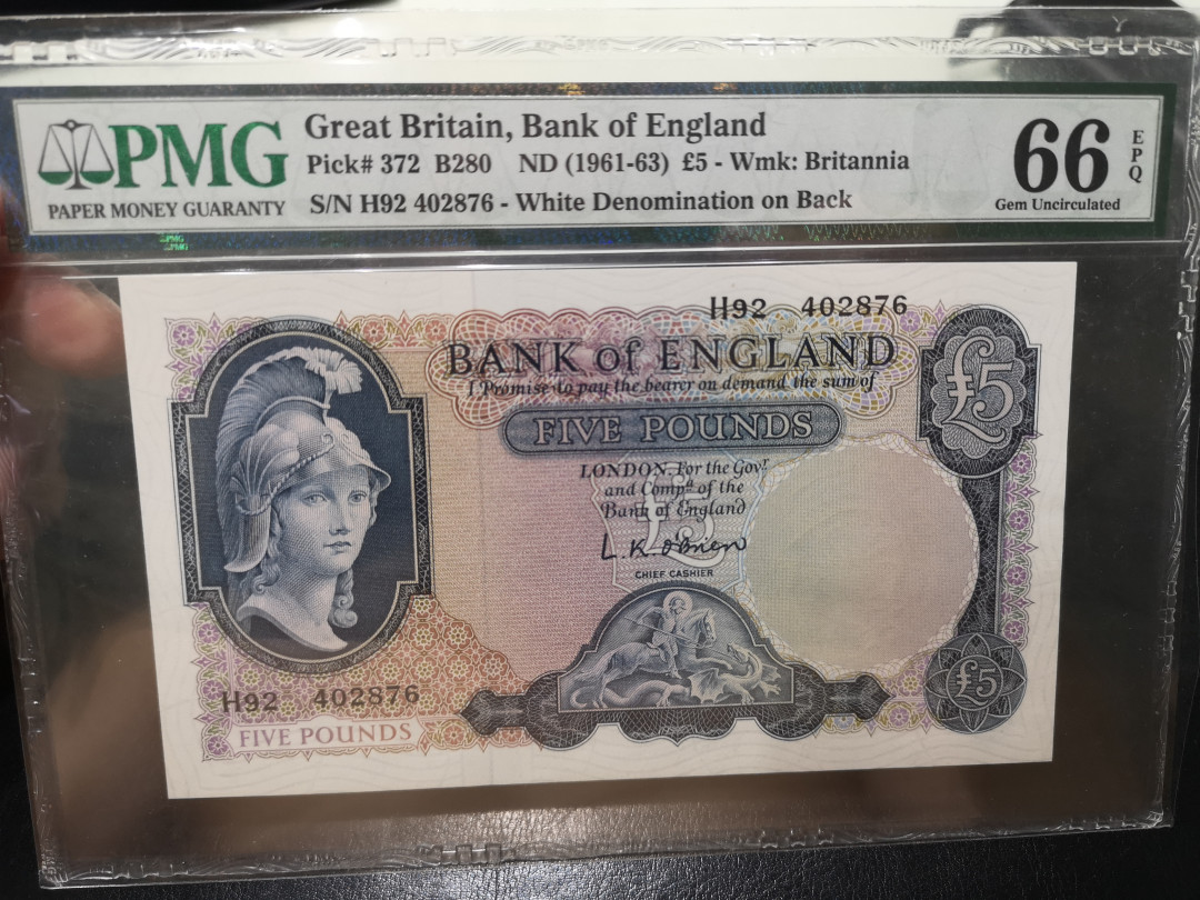 《外钞收藏家》第一百二十一期拍卖 1961-63年英国B序列5镑 PMG66