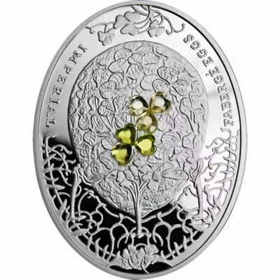 【随心拍&Getcoins】钱币拍卖第九十七期～ 纽埃2010年2元，56.56克 皇家费伯奇彩蛋-“幸运三叶草”镶嵌心形(黄透双色)施华洛世奇宝石(6颗) 异形(椭圆形) 精制纪念银币
