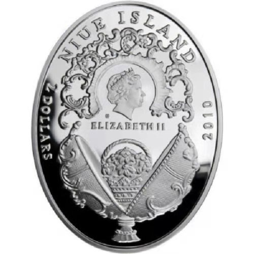 【随心拍&Getcoins】钱币拍卖第九十七期～ 纽埃2010年2元，56.56克 皇家费伯奇彩蛋-“幸运三叶草”镶嵌心形(黄透双色)施华洛世奇宝石(6颗) 异形(椭圆形) 精制纪念银币