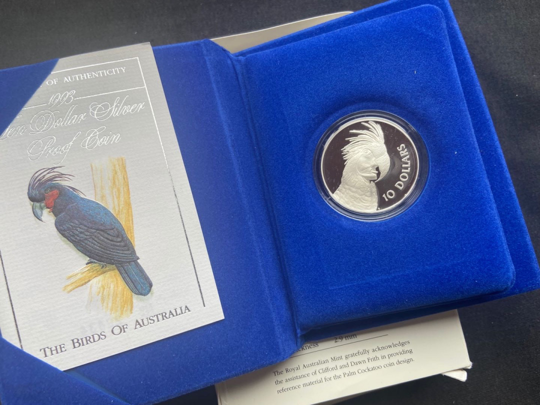 【随心拍&Getcoins】钱币拍卖第九十七期～ 【澳大利亚】1993 1993年 澳大利亚鸟类系列 10澳元棕榈凤头鹦鹉精制银币【盒证齐全】