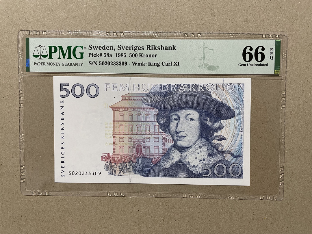彩蛋期——外币十全十美特别场 瑞典500克朗 PMG66E 1985年经典蓝卡尔