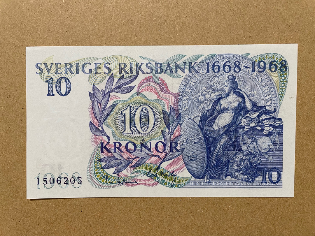 彩蛋期——外币十全十美特别场 瑞典10克朗 UNC 1968年 瑞典银行成立300周年纪念钞