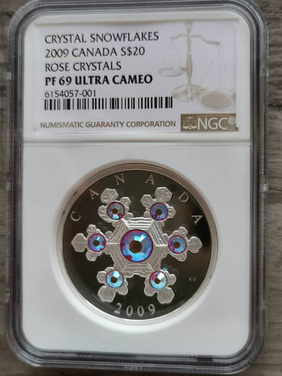  刘世昌艺术品销售中心～虎踞龙蟠*金杨在线联拍群第290期  - 加拿大2009年雪花镶嵌红水晶1盎司银币（NGCPF69UC  串号：6154057-001）1枚，盒证全。此币荣获当年世界硬币大奖赛～最佳银币奖。