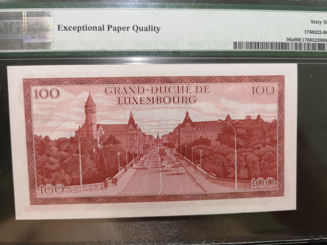 《外钞收藏家》第一百二十二期拍卖（共76件） 1970年卢森堡100法郎 PMG66