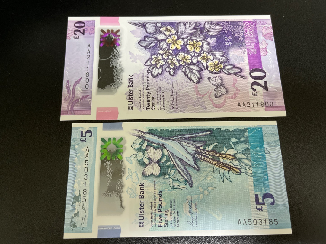 《外钞收藏家》第一百二十二期拍卖（共76件） 2019年苏格兰阿尔斯特20镑 2018年5镑  全新UNC 两张一起AA冠 无47