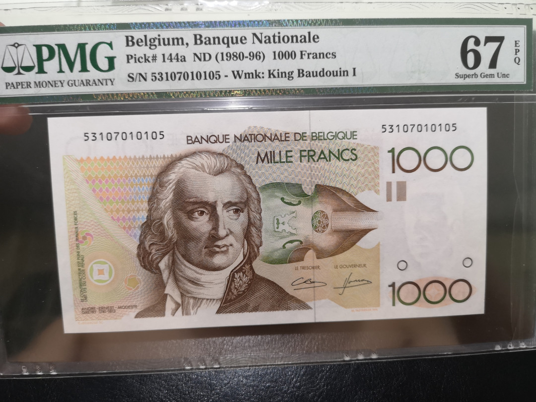 《外钞收藏家》第一百二十二期拍卖（共76件） 1980-96年比利时倒二版1000法郎 PMG67