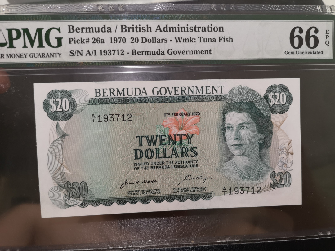 《外钞收藏家》第一百二十二期拍卖（共76件） 1970年百慕大20 PMG66 A/1冠