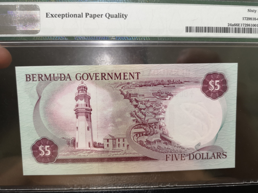 《外钞收藏家》第一百二十二期拍卖（共76件） 1970年百慕大5刀 PMG66 A1冠 213百位号
