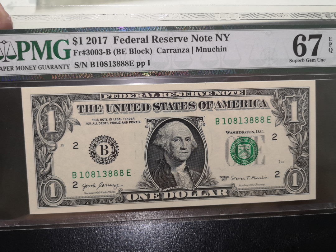 《外钞收藏家》第一百二十二期拍卖（共76件） 2017年1美元 888豹子号 PMG67