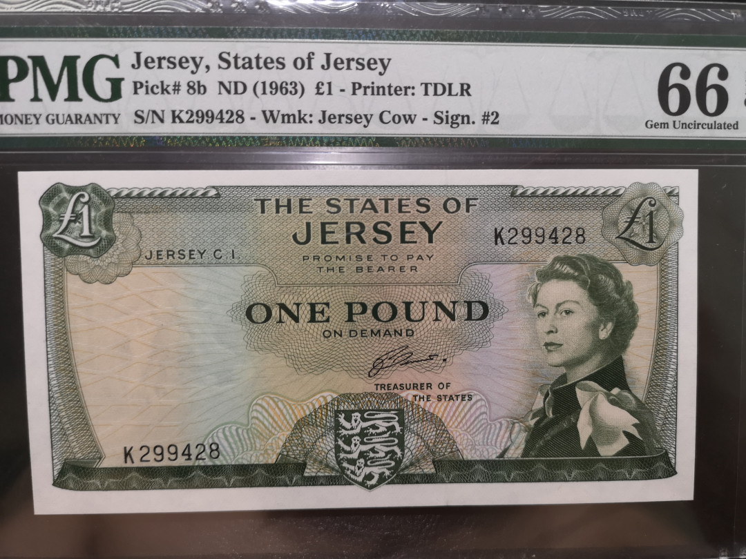 《外钞收藏家》第一百二十二期拍卖（共76件） 1963年泽西1镑PMG66
