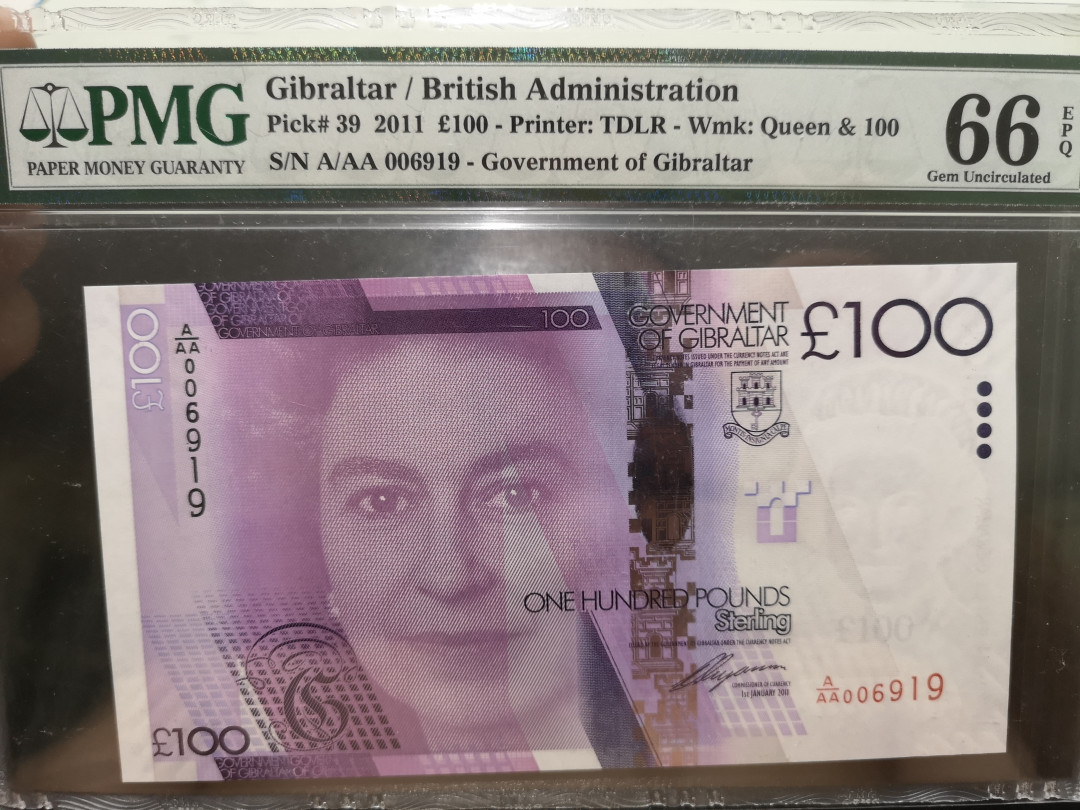 《外钞收藏家》第一百二十二期拍卖（共76件） 2011年直布罗陀100镑 PMG66 A/AA冠