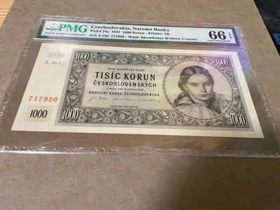 【Blue Auction】世界纸币精拍第116期——根西花神（共62拍） - 【实钞c版较少】捷克斯洛伐克 1945年 1000克朗 PMG66EPQ P74c 美女