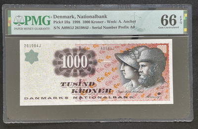 小福收藏拍卖第27期 外钞PMG评级币精选场  本期有印尼珍品 拉斐尔 丹麦浮雕1000初版首年首冠 挪威澳洲圣赫勒拿尼泊尔马达加斯加东德丹麦冠军分 多张高分少见品种纸币！ - 丹麦 1998年 1000 克朗 1998年A0冠 初版首年首冠 PMG66 EPQ 亚军分