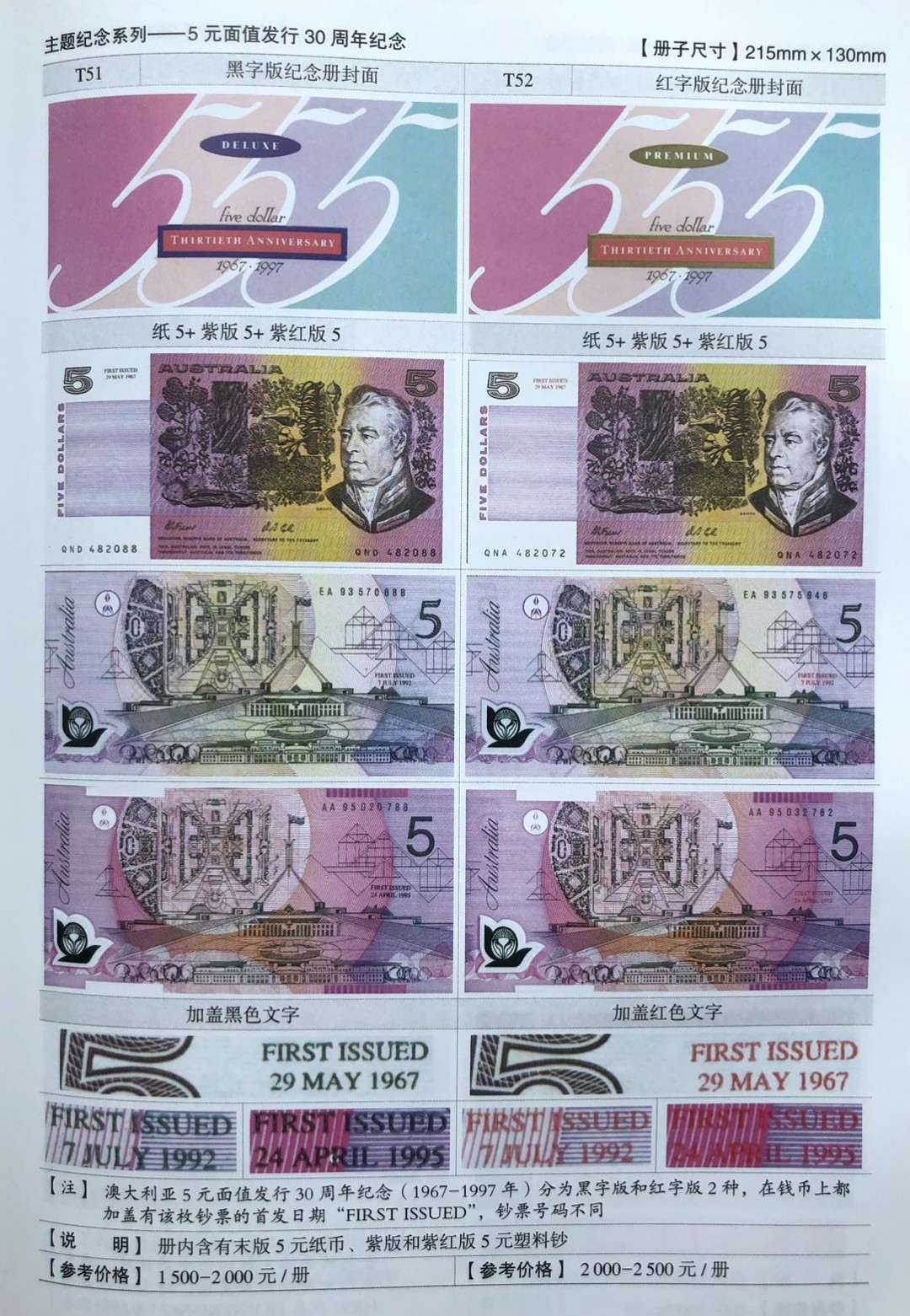 2026第3场（总第230期）：精品测试钞、外钞综合场 红字版“澳大利亚5元面值发行30周年”加盖版塑料纪念钞册装UNC（波浪边）