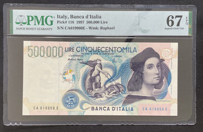 小福收藏拍卖第27期 外钞PMG评级币精选场  本期有印尼珍品 拉斐尔 丹麦浮雕1000初版首年首冠 挪威澳洲圣赫勒拿尼泊尔马达加斯加东德丹麦冠军分 多张高分少见品种纸币！ - 意大利 1997年 500000 里拉 拉斐尔 无47 少见PMG错误评级号码错标 自理邮费可提供免费换壳分数不变 PMG67 EPQ 亚军分 
