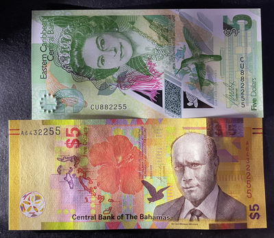 小福收藏团购第40期  东加勒比 2021年 5元 塑料钞  CU首发冠+ 巴哈马 2020 年 5元 Hybrid半塑料钞 A冠 入围IBNS  美洲精美纸币  均为首发冠 5元面值   两种钞绝大多数尾4同！！！