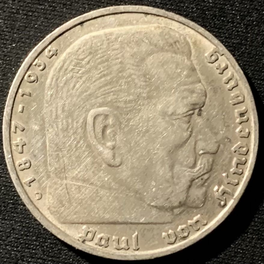 紫瑗钱币——第162期拍卖 德国 1936年 D版 兴登堡 5马克 13.9克 0.9银 