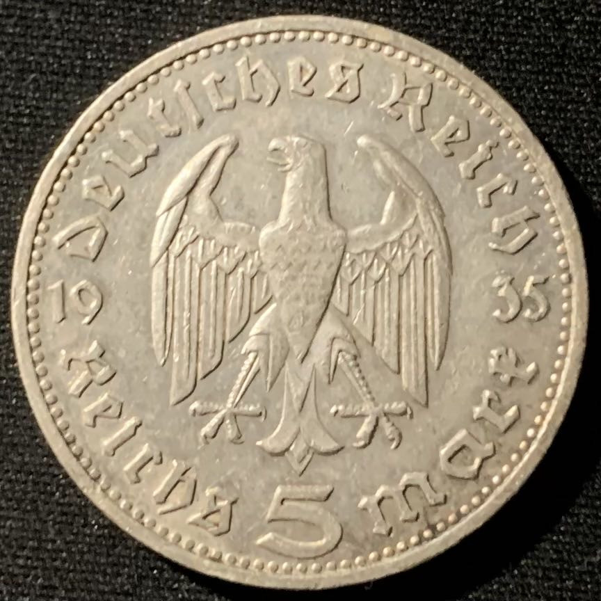 紫瑗钱币——第162期拍卖 德国 1935年 D版 兴登堡 5马克 13.9克 0.9银