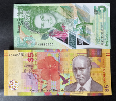 小福收藏团购第40期  东加勒比 2021年 5元 塑料钞  CU首发冠+ 巴哈马 2020 年 5元 Hybrid半塑料钞 A冠 入围IBNS  美洲精美纸币  均为首发冠 5元面值   两种钞绝大多数尾4同！！！