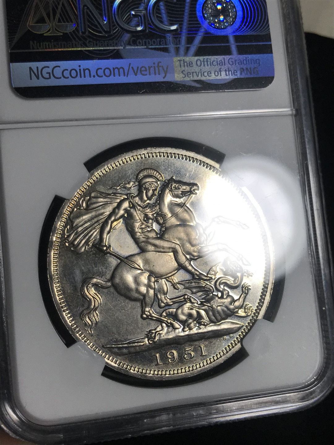 《竞宝斋》钱币微拍-第2场（0佣金包邮） 英国1951年镍马克克朗硬币（带原盒证书）ngc pl64 