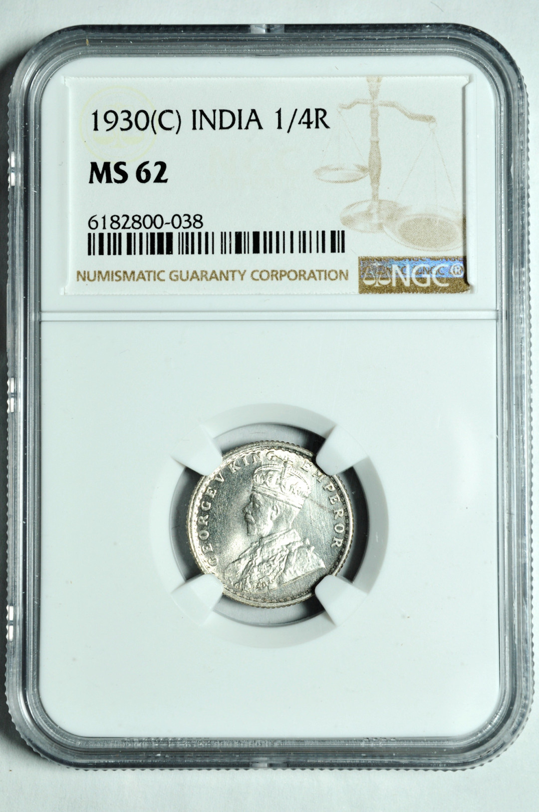 《竞宝斋》钱币微拍-第2场（0佣金包邮） NGC MS62印度1930年1/4卢比  银币