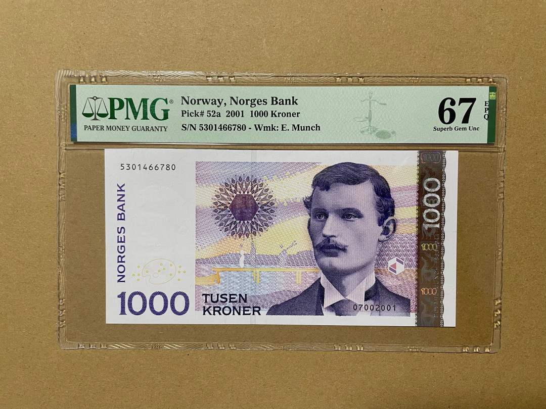 《张总收藏》34期—外币大集 挪威1000克朗 PMG67E 2001年 P-52a 蒙克