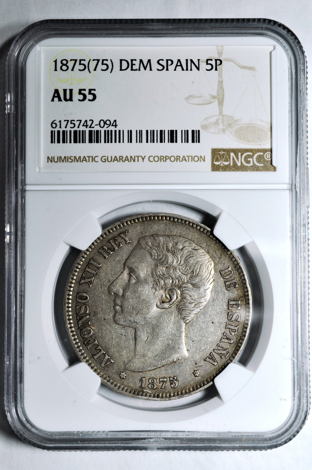 《竞宝斋》钱币微拍-第2场（0佣金包邮） NGC AU55西班牙1875年5比塞塔 大银币