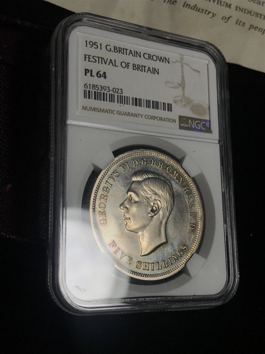 《竞宝斋》钱币微拍-第2场（0佣金包邮） 英国1951年镍马克克朗硬币（带原盒证书）ngc pl64 