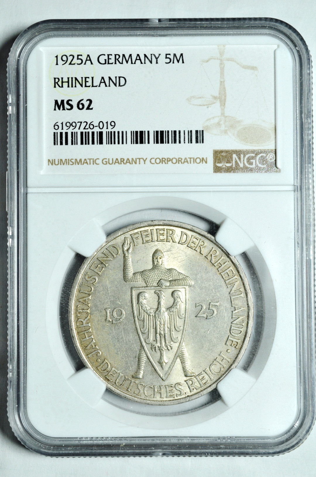 《竞宝斋》钱币微拍-第2场（0佣金包邮） NGC ms62 德国魏玛1925年5马克  银币