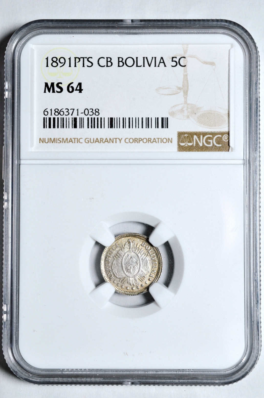 《竞宝斋》钱币微拍-第2场（0佣金包邮） NGC MS64玻利维亚1891年5分 冠军分 银币