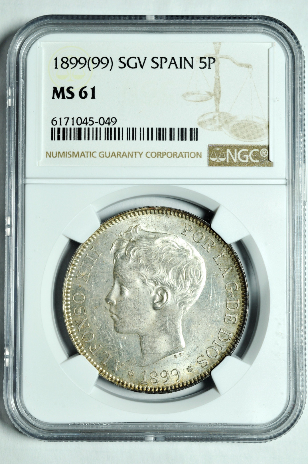 《竞宝斋》钱币微拍-第2场（0佣金包邮） NGC MS61西班牙1899年5比塞塔 大银币