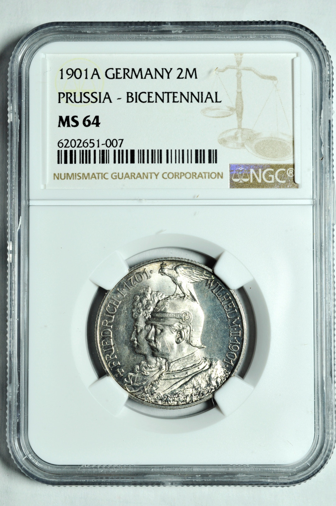 《竞宝斋》钱币微拍-第2场（0佣金包邮） NGC MS64德国普鲁士1901年2马克 银币