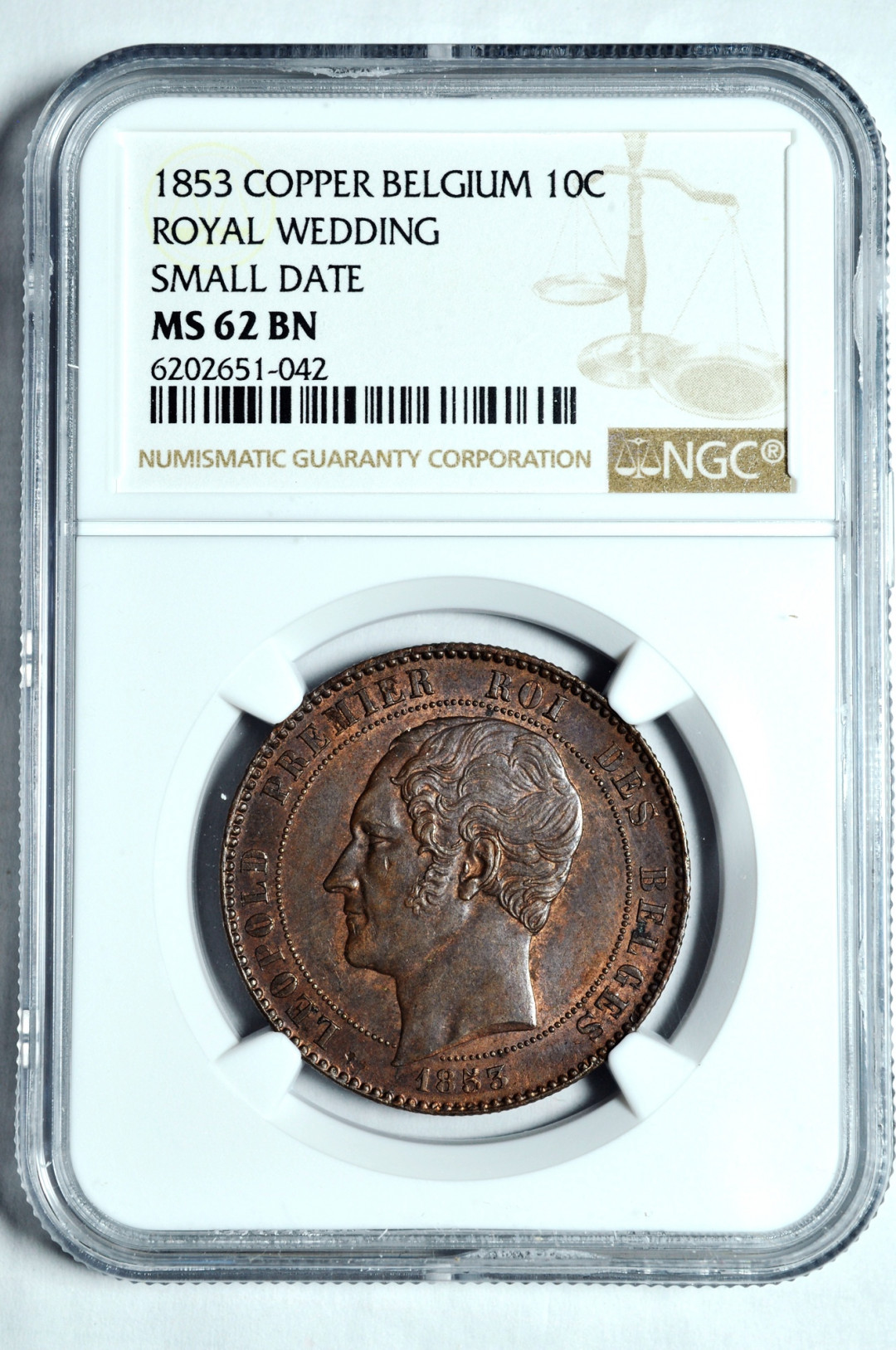 《竞宝斋》钱币微拍-第2场（0佣金包邮） NGC MS62比利时1853年10分铜币