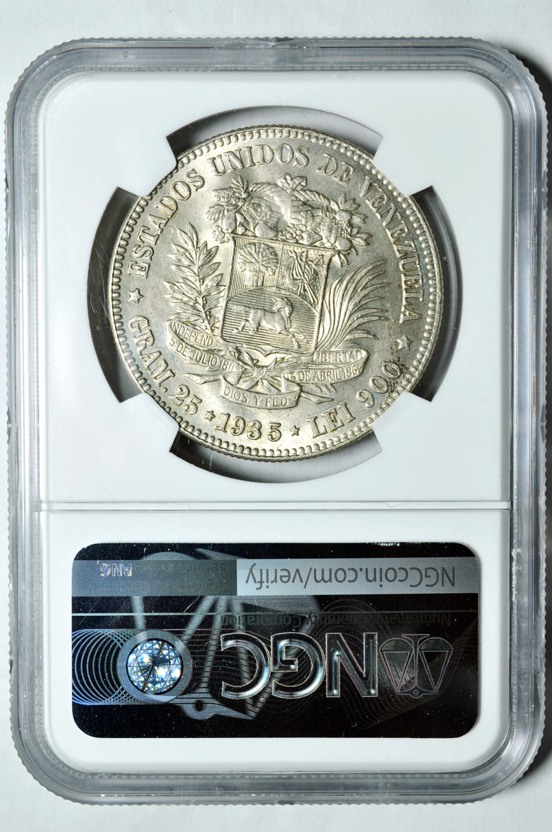 《竞宝斋》钱币微拍-第2场（0佣金包邮） NGC MS62委内瑞拉1935年5B  银币