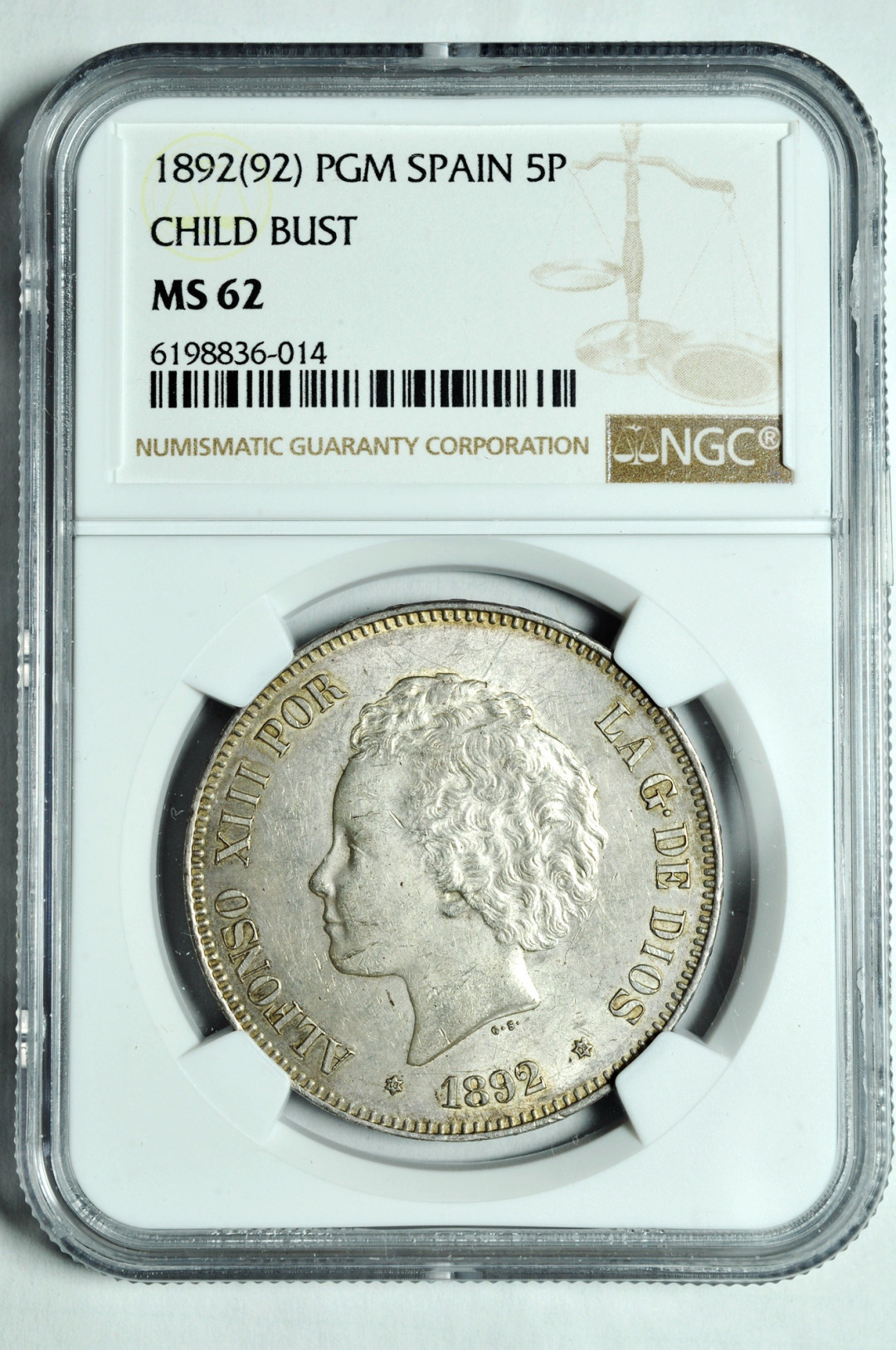 《竞宝斋》钱币微拍-第2场（0佣金包邮） NGC MS62 西班牙1892年5比塞塔 大银币