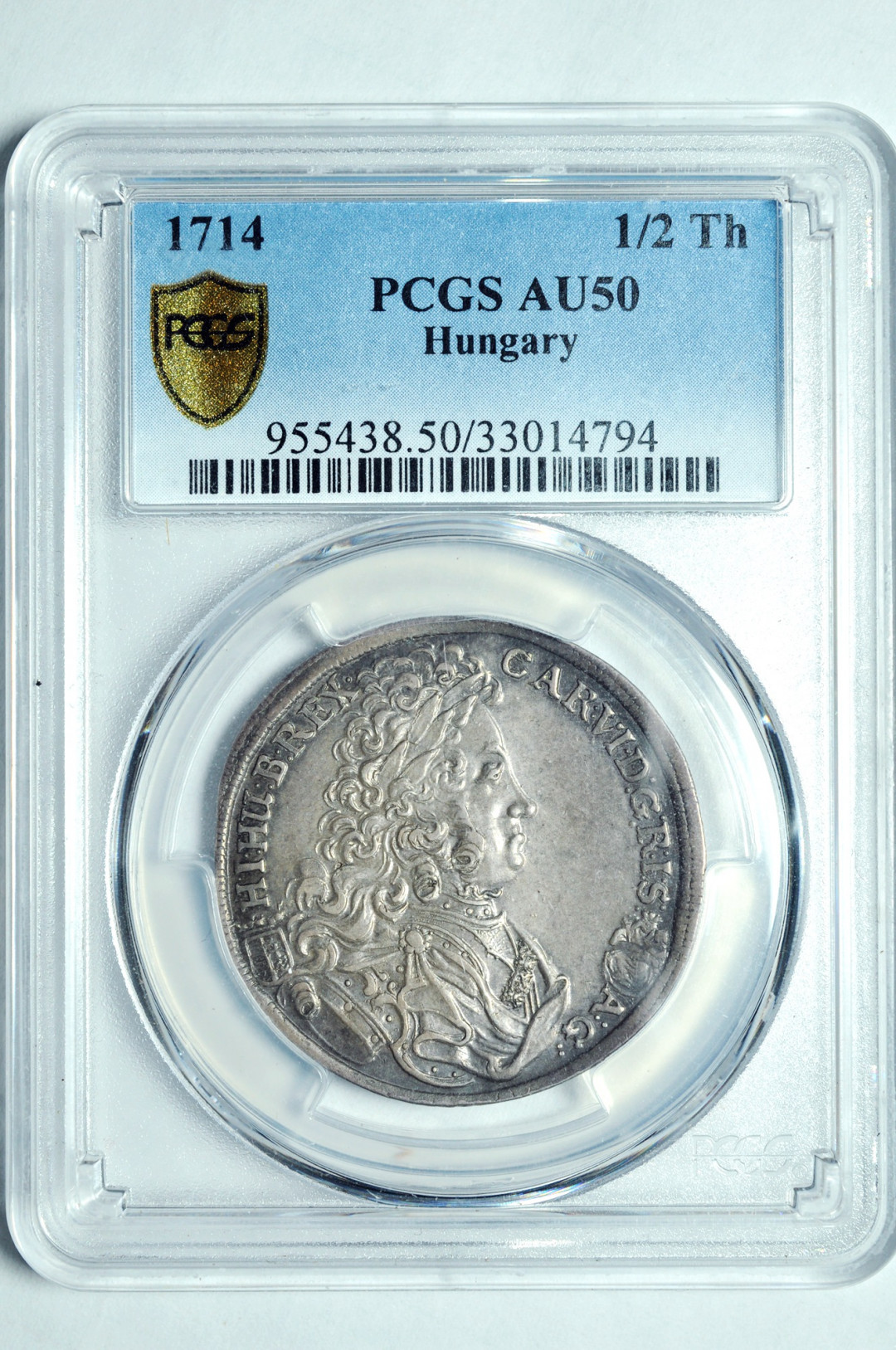 《竞宝斋》钱币微拍-第2场（0佣金包邮） PCGS AU50 匈牙利 1714-KB 1/2泰勒,克雷姆尼茨铸币厂，正面为查理六世（1711-40）原始光泽一个非常漂亮的银币