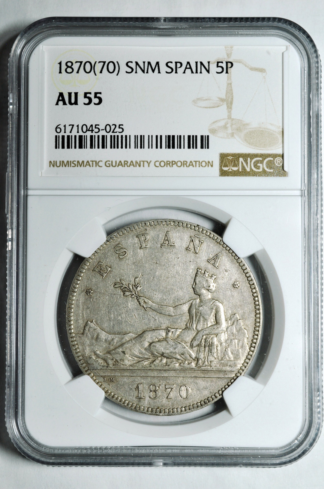 《竞宝斋》钱币微拍-第2场（0佣金包邮） NGC AU55西班牙1870年5比塞塔 大银币