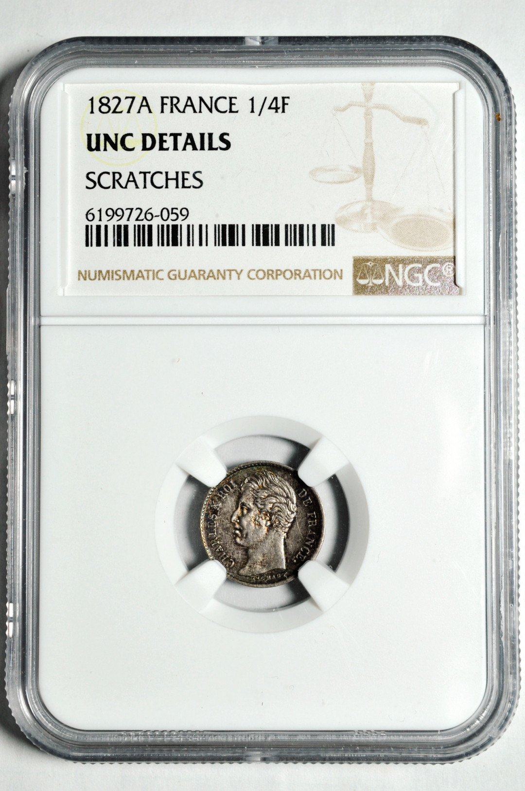 《竞宝斋》钱币微拍-第2场（0佣金包邮） NGC UNC法国查理十1827年1/4法郎  银币