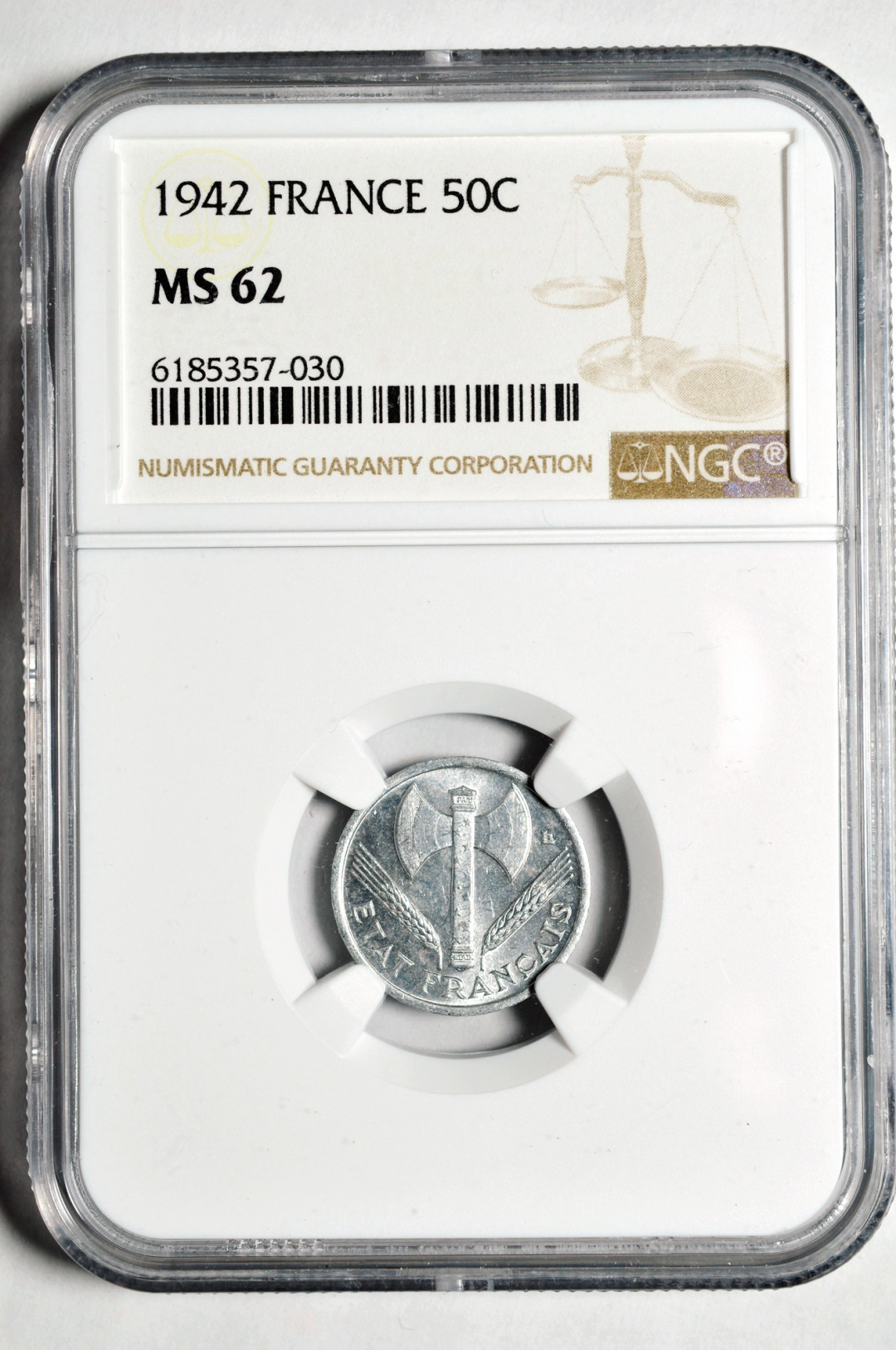 《竞宝斋》钱币微拍-第2场（0佣金包邮） 法国维希政府1942年50分铝币 ngc ms62 