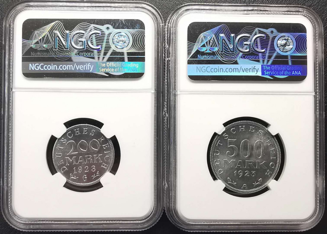 凡希社世界钱币微拍第一百六十八期 1923魏玛铝币一对NGC-MS63/65