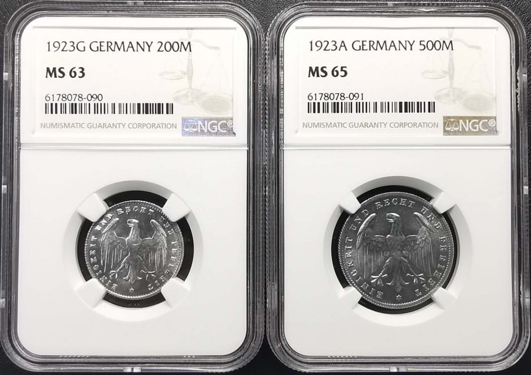 凡希社世界钱币微拍第一百六十八期 1923魏玛铝币一对NGC-MS63/65
