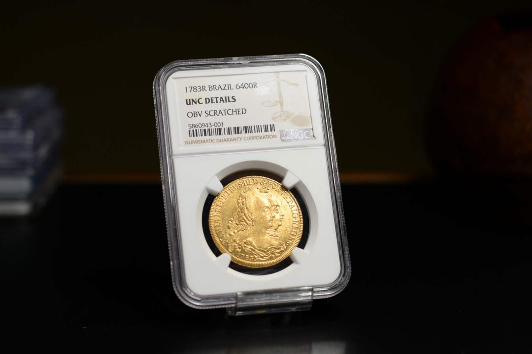 凡希社世界钱币微拍第一百六十八期 稀！1783R葡属巴西玛丽与佩德罗6400里斯金NGC-UNCD实物极好！