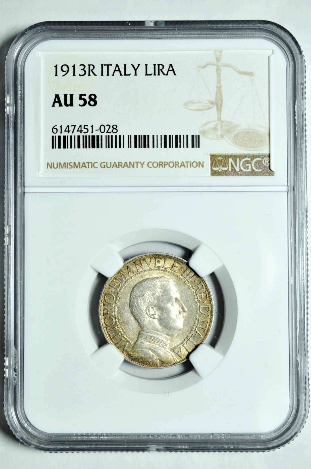 《竞宝斋》钱币微拍-第2场（0佣金包邮） NGC AU58意大利1913年1里拉圈版 银币