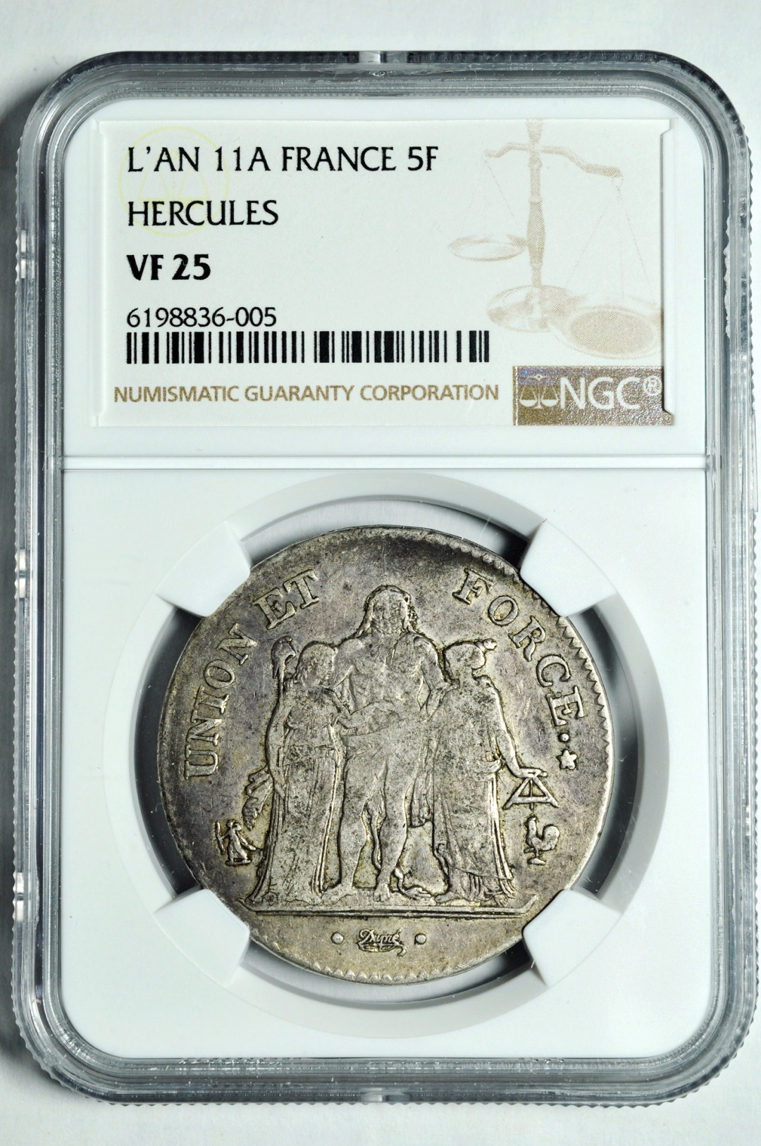 《竞宝斋》钱币微拍-第2场（0佣金包邮） NGC VF25法国LAN11年大力神5法郎  银币