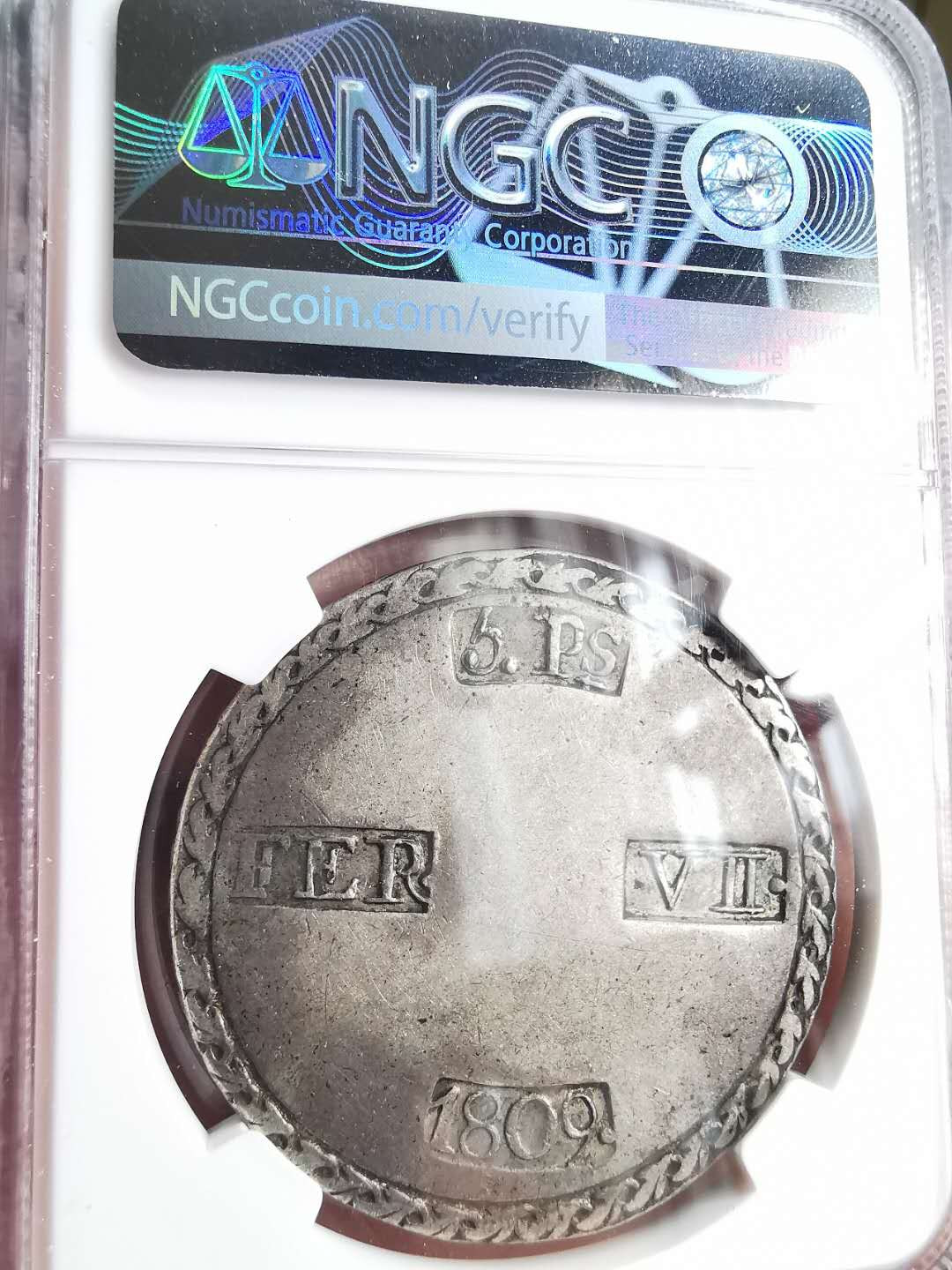 凡希社世界钱币微拍第一百六十八期 荐！1809西班牙塔拉戈那5P大银NGC-XF40原味品！