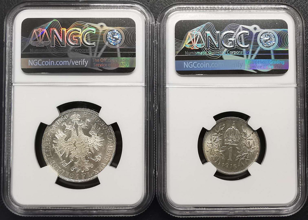 凡希社世界钱币微拍第一百六十八期 奥地利佛罗林科罗纳银币一对NGC-MS63