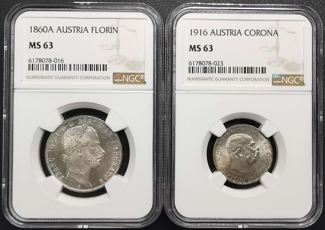 凡希社世界钱币微拍第一百六十八期 奥地利佛罗林科罗纳银币一对NGC-MS63